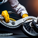 An image showcasing a person wearing protective gloves meticulously cleaning an electric bike's chain with a brush, while a can of specialized lubricant and a cloth lie nearby, symbolizing the essential steps to maintain optimum performance and longevity of an electric bike