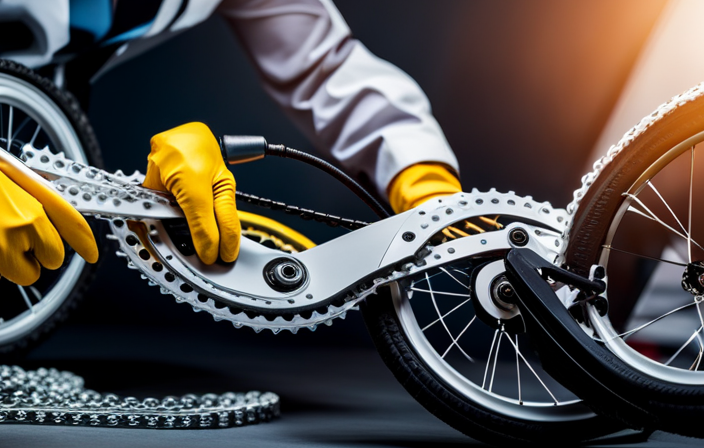 An image showcasing a person wearing protective gloves meticulously cleaning an electric bike's chain with a brush, while a can of specialized lubricant and a cloth lie nearby, symbolizing the essential steps to maintain optimum performance and longevity of an electric bike