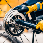 An image showcasing a close-up of a gloved hand delicately cleaning the chain of an electric bike with a soft brush, while a spray bottle of biodegradable degreaser and a cloth sit nearby