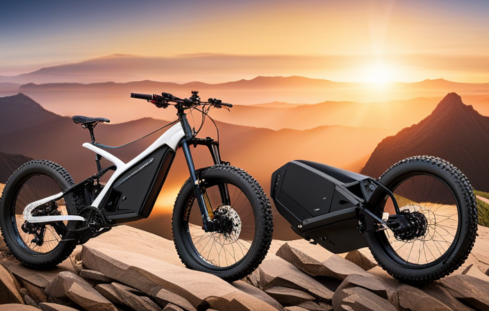 An image that showcases a modified 26' folding electric mountain bike soaring down a rugged trail at lightning speed, with enhanced aerodynamics, upgraded suspension, and a powerful motor, leaving a trail of dust in its wake