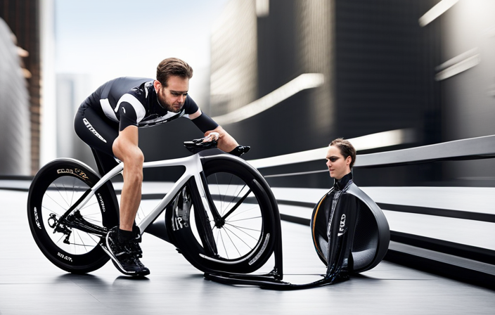 An image showcasing a cyclist meticulously adjusting the aerodynamic position, fitted with a sleek, lightweight carbon frame, low-profile tires, streamlined wheels, and an array of high-performance components to enhance speed