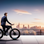 An image showcasing a sleek, aerodynamic electric bike with a powerful motor, lightweight frame, and high-performance tires, zooming past a cityscape backdrop with blurred motion lines and an exhilarating sense of speed
