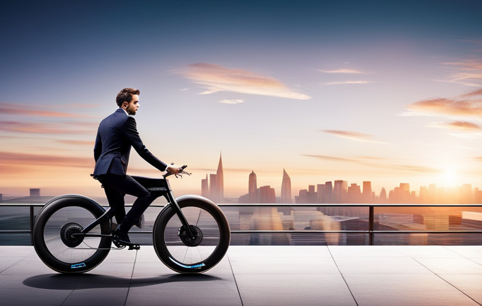 An image showcasing a sleek, aerodynamic electric bike with a powerful motor, lightweight frame, and high-performance tires, zooming past a cityscape backdrop with blurred motion lines and an exhilarating sense of speed