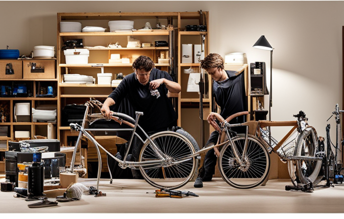 An image showcasing a person in a well-lit garage, surrounded by tools and parts, meticulously assembling a homemade motorized bicycle