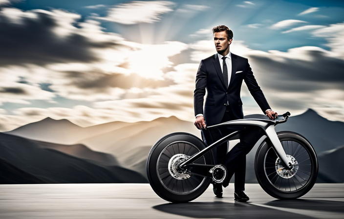 An image of a sleek, aerodynamic electric bike with a powerful motor, featuring a lightweight carbon fiber frame, streamlined handlebars, and high-performance wheels