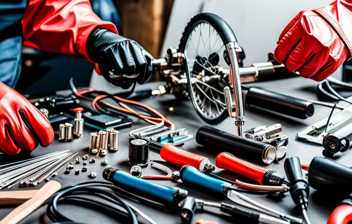 An image showcasing a person wearing safety goggles and gloves, surrounded by a cluttered workbench with tools such as soldering iron, wires, batteries, and a bike frame, illustrating the step-by-step process of building an electric bike from scratch