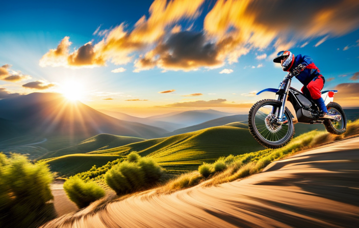 An image showcasing a skilled rider navigating a winding trail on an electric dirt bike, with a blurred background emphasizing speed
