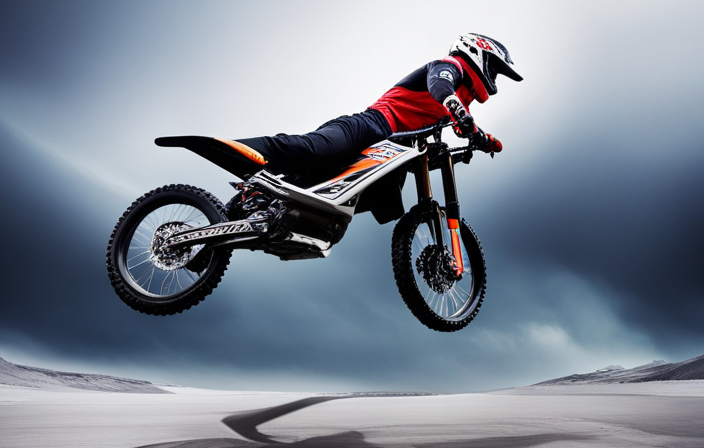 An image capturing a rider soaring through the air on an electric dirt bike, defying gravity with a perfectly executed high jump