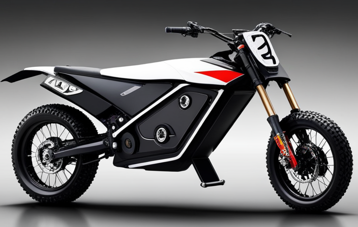 An image showcasing a close-up of a modified electric dirt bike, with sleek aerodynamic design, upgraded battery, and high-performance tires, exuding speed and power