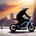 An image showing a Jetson electric bike with a rider wearing a sleek helmet, zooming past a blurred cityscape backdrop at high speed, with the bike's turbo mode engaged and the wind ruffling the rider's hair