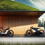 An image depicting a sleek, modern electric bike parked beside a solar panel-covered roof, with sunlight gleaming on the bike's integrated solar panels, showcasing the process of self-charging