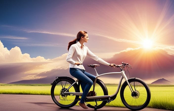 An image depicting a person riding an electric bike on a sunny day, with the bike's integrated solar panels elegantly absorbing sunlight, transforming it into energy, and seamlessly charging the bike's battery