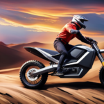 An image showcasing an electric dirt bike with a modified motor, larger battery pack, and sleek aerodynamic design