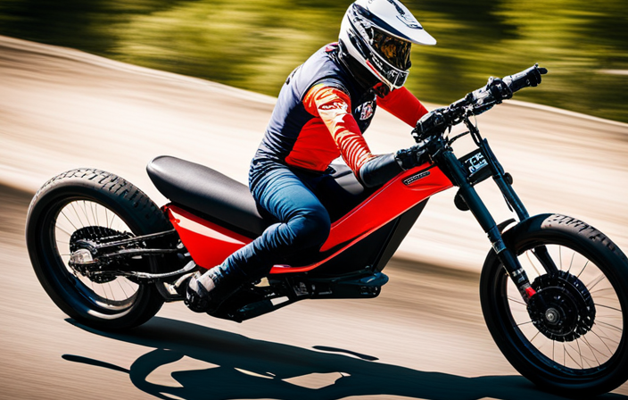 An image depicting a skilled rider, helmet on, effortlessly maneuvering their electric dirt bike on a rugged track