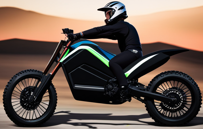 An image showcasing a sleek, matte black electric dirt bike with vibrant neon accents, custom graphics, and an aerodynamic frame
