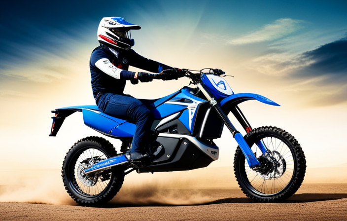 An image that showcases a skilled rider, clad in gear, effortlessly kickstarting their electric start dirt bike, capturing the precise moment when the engine roars to life under the blue sky, surrounded by a cloud of dust