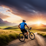 An image showcasing a skilled mountain biker conquering a gravel trail, surrounded by a picturesque landscape