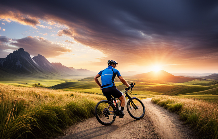 An image showcasing a skilled mountain biker conquering a gravel trail, surrounded by a picturesque landscape