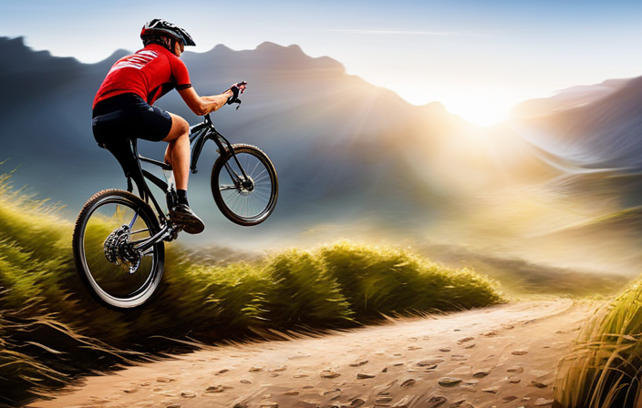 An image capturing the exhilarating moment of a mountain biker expertly maneuvering through a cloud of billowing dust on a winding trail, with loose gravel spraying in all directions under their wheels