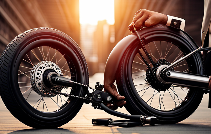 An image capturing a close-up view of a pair of gloved hands delicately disassembling the front wheel of an electric bike, revealing the intricate components of the brushless hub motor