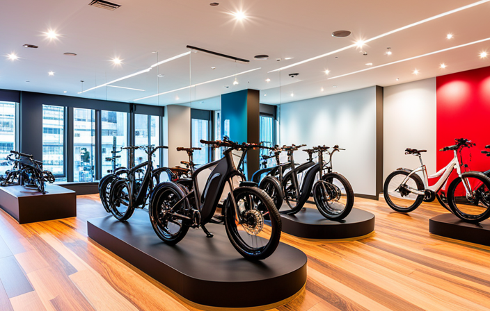 An image showcasing a bright, spacious showroom filled with sleek electric bikes of various models, neatly arranged on elevated platforms