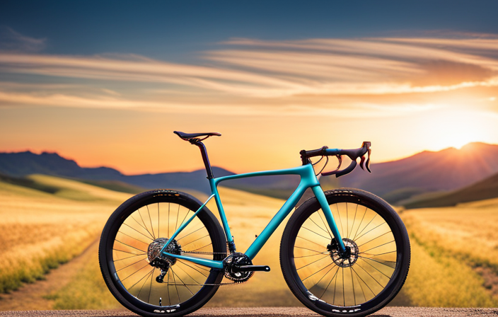 An image showcasing a cyclist examining various gravel bikes, considering frame materials, tire widths, and gearing systems