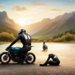 An image showcasing a rider in full gear crouched beside a dropped bike on a gravel path