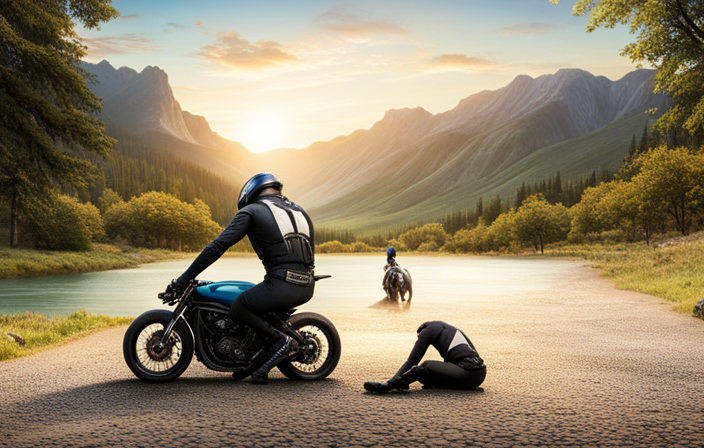 An image showcasing a rider in full gear crouched beside a dropped bike on a gravel path
