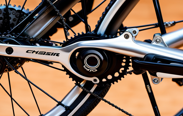 An image showcasing a close-up of hands wearing gloves, gripping a chain tool and carefully reattaching the chain onto the chainring and rear cog of an electric bike