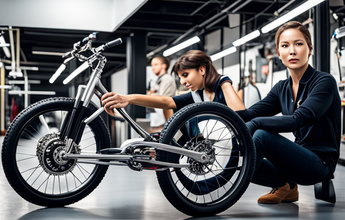 An image capturing the step-by-step process of assembling an electric bike with rear tire drive, showcasing the intricate connection of components, precise alignment, and skilled hands at work