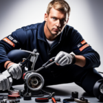 An image showcasing a skilled mechanic, surrounded by tools and parts, meticulously installing an electric start system on a dirt bike
