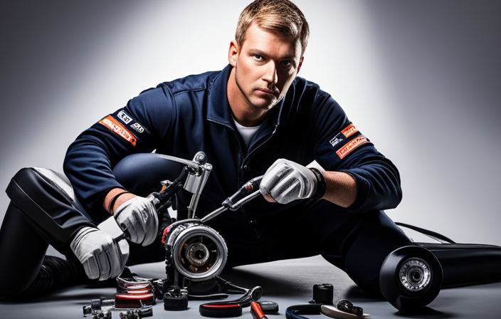 An image showcasing a skilled mechanic, surrounded by tools and parts, meticulously installing an electric start system on a dirt bike