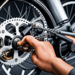  an image capturing a close-up view of a gloved hand delicately threading the chain onto the sprocket and jockey wheels of an electric bike, illustrating step-by-step instructions for reattaching the chain