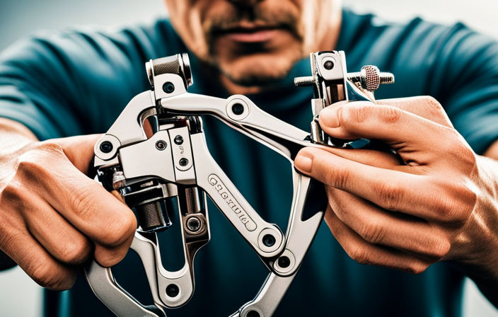 An image that showcases a close-up of a person's hands using a chain breaker tool to meticulously detach a bicycle chain link by link, with surrounding bicycle components visible, illustrating step-by-step chain removal