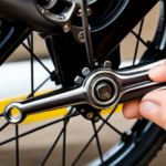An image depicting a close-up of a bicycle crank, with a wrench and a bearing puller tool in action