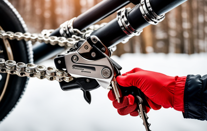An image showcasing step-by-step instructions on removing a bicycle chain: a close-up of a gloved hand holding a chain tool, positioned near the chain links, with arrows pointing to key areas and clear labels indicating each step