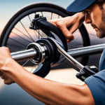 An image showcasing a close-up shot of a pair of hands gripping a freewheel removal tool, firmly positioned on the electric bike's rear hub