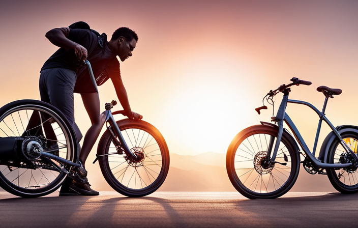 An image capturing the step-by-step process of removing the rear wheel on an electric bike: a person loosening the axle nuts, sliding out the wheel, disconnecting the motor cable, and carefully placing the wheel aside