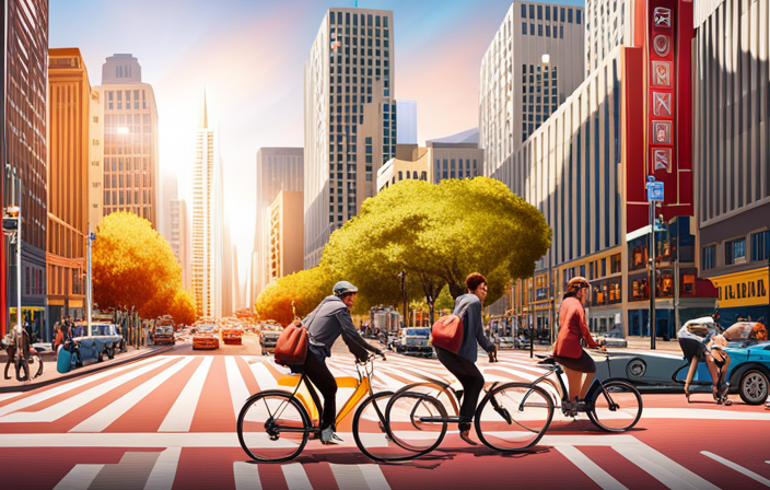 An image showcasing a vibrant cityscape of San Francisco, with a bustling street lined with electric bikes