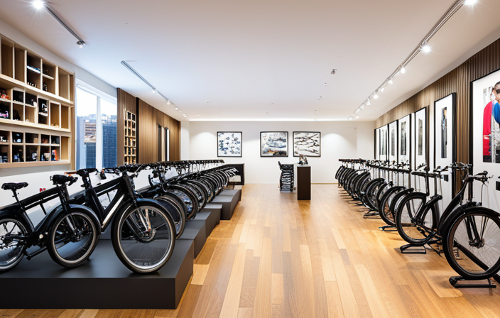 An image showcasing a bustling bike rental shop, with a vibrant array of sleek electric bikes lined up neatly against a wall