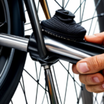 An image showcasing a close-up of a hand gripping a tire lever, exerting force to detach a stubborn bicycle tire from its rim