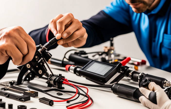 An image showcasing a pair of skilled hands delicately disassembling an electric bike battery, revealing intricate components, soldering tools, and a focused technician equipped with a multimeter, all set against a backdrop of electronic circuit diagrams