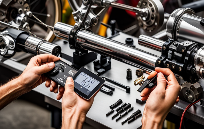An image showcasing a close-up of skilled hands delicately dismantling an electric bike controller, exposing its intricate wiring and components, with a selection of tools neatly arranged nearby, ready for repair