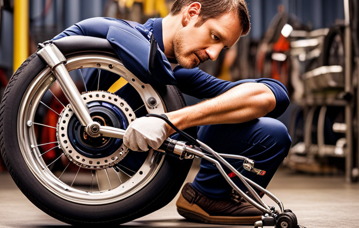 An image showcasing a close-up view of a skilled mechanic's hands skillfully disassembling the electric wheel on a bike, revealing intricate wires, connectors, and components waiting to be repaired