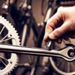 An image showcasing a close-up view of a hand holding a wrench, removing old bicycle pedals
