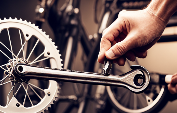 An image showcasing a close-up view of a hand holding a wrench, removing old bicycle pedals