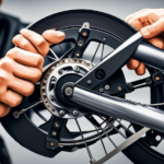 An image showcasing a close-up of a pair of hands delicately removing the worn-out brake pads from an electric bike, revealing the intricate mechanism underneath
