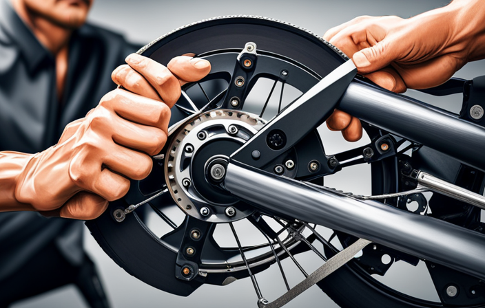 An image showcasing a close-up of a pair of hands delicately removing the worn-out brake pads from an electric bike, revealing the intricate mechanism underneath