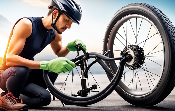 An image showcasing a close-up of hands wearing protective gloves, adeptly removing the worn-out inner tube from an electric bike tire, with a set of tire levers and a bike pump nearby