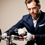 An image showcasing a person wearing safety goggles, gloves, and holding a screwdriver, as they carefully dismantle a Bionic Electric Bike, revealing its intricate components, ready for a factory settings restoration